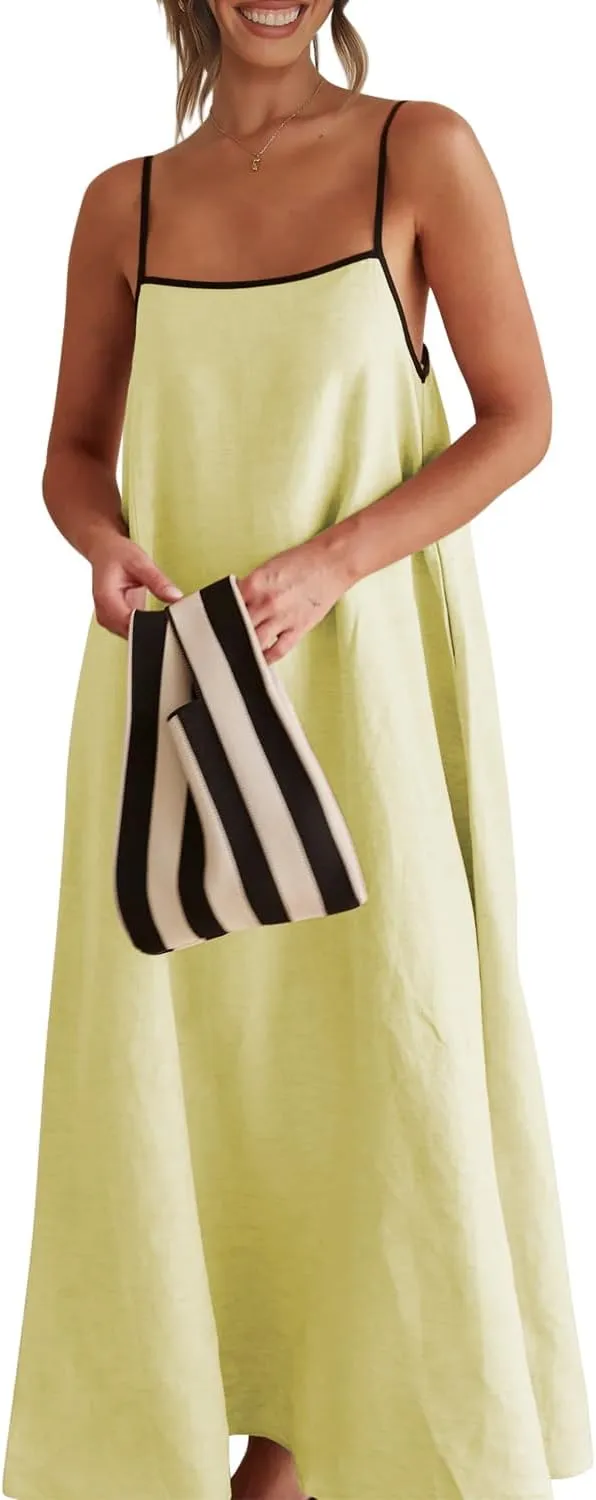 Shy Velvet Women's 2025 Summer Linen Maxi Dress Contrast Spaghetti Strap Dress Backless Sleeveless Casual Party Beach Dresses