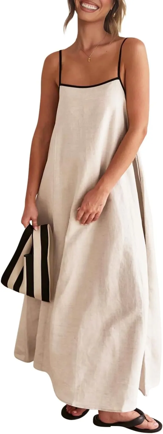 Shy Velvet Women's 2025 Summer Linen Maxi Dress Contrast Spaghetti Strap Dress Backless Sleeveless Casual Party Beach Dresses