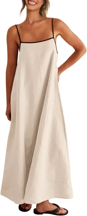 Shy Velvet Women's 2025 Summer Linen Maxi Dress Contrast Spaghetti Strap Dress Backless Sleeveless Casual Party Beach Dresses