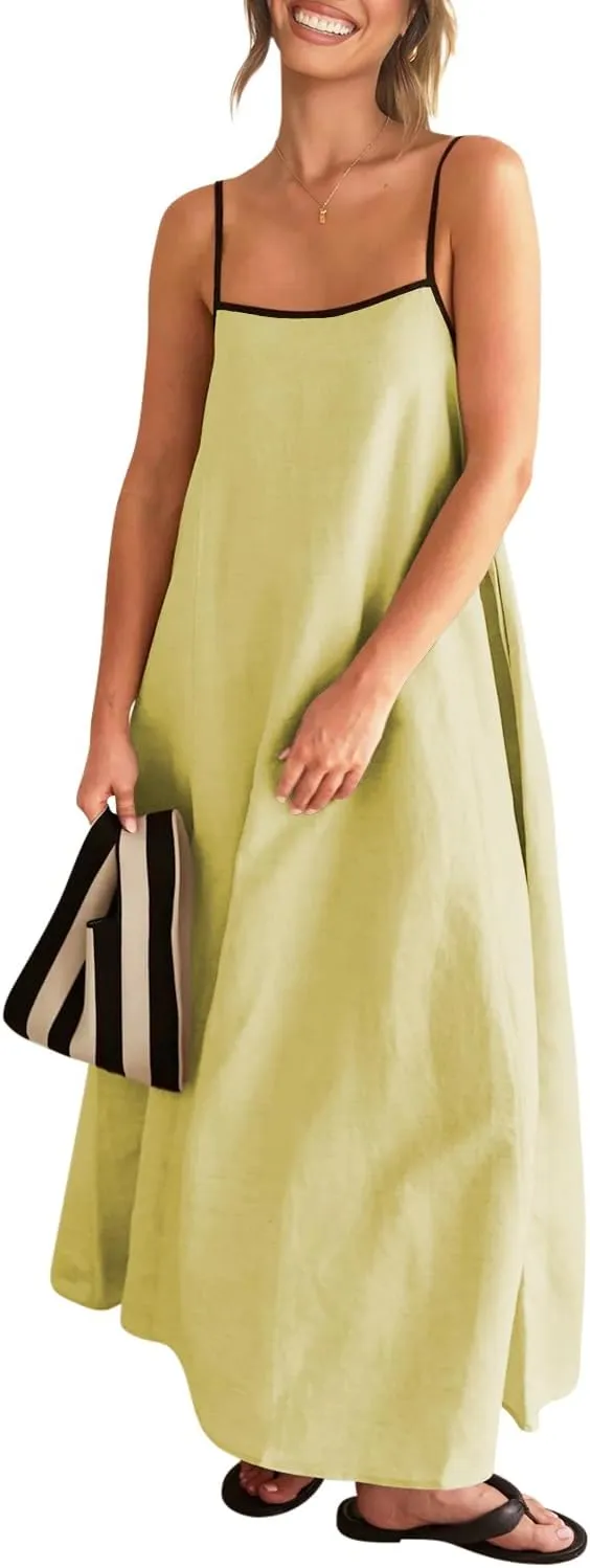 Shy Velvet Women's 2025 Summer Linen Maxi Dress Contrast Spaghetti Strap Dress Backless Sleeveless Casual Party Beach Dresses