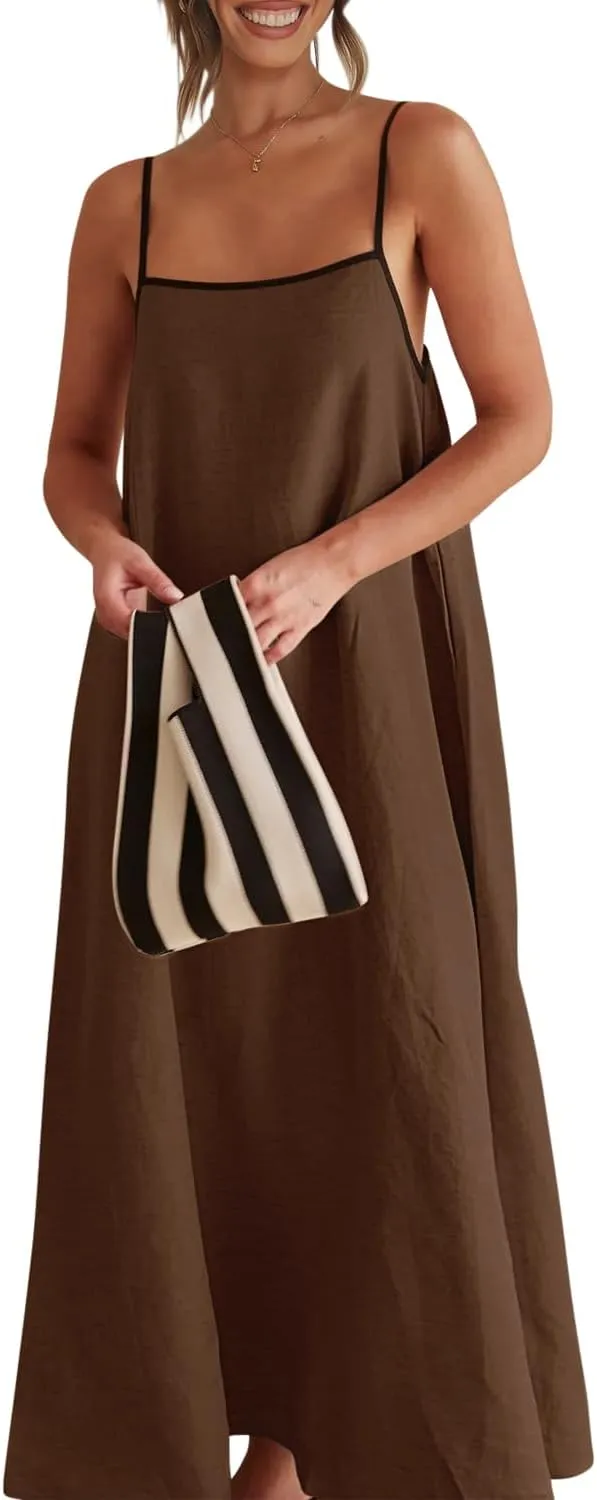 Shy Velvet Women's 2025 Summer Linen Maxi Dress Contrast Spaghetti Strap Dress Backless Sleeveless Casual Party Beach Dresses