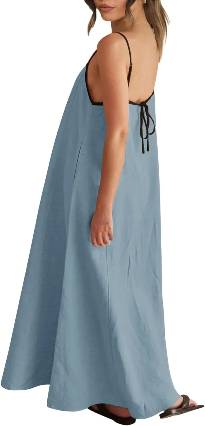 Shy Velvet Women's 2025 Summer Linen Maxi Dress Contrast Spaghetti Strap Dress Backless Sleeveless Casual Party Beach Dresses