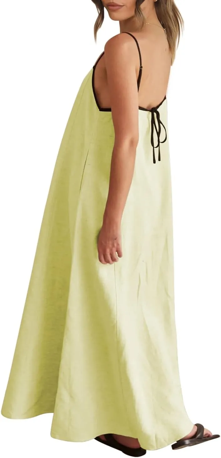 Shy Velvet Women's 2025 Summer Linen Maxi Dress Contrast Spaghetti Strap Dress Backless Sleeveless Casual Party Beach Dresses