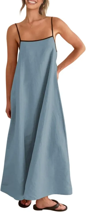 Shy Velvet Women's 2025 Summer Linen Maxi Dress Contrast Spaghetti Strap Dress Backless Sleeveless Casual Party Beach Dresses