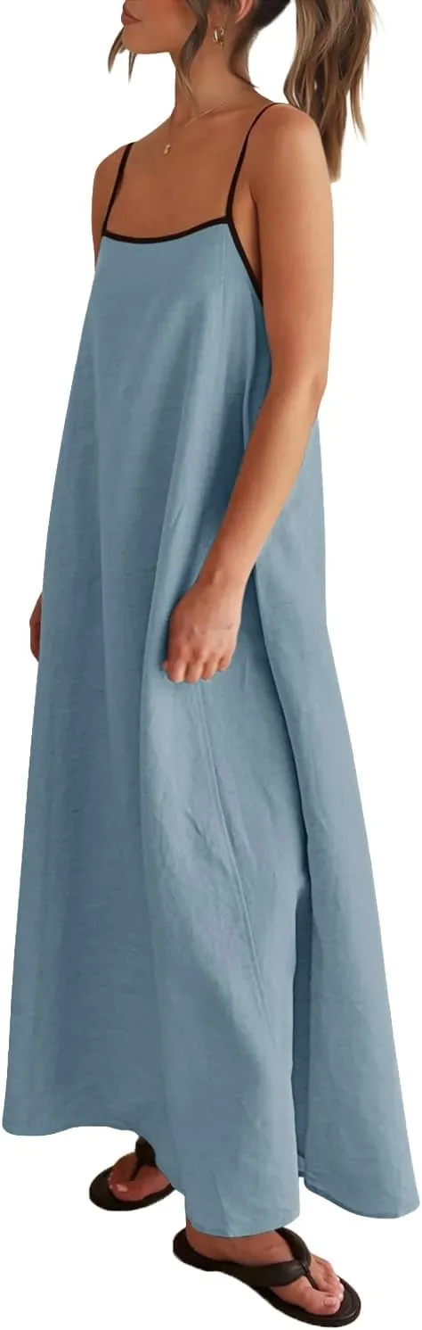 Shy Velvet Women's 2025 Summer Linen Maxi Dress Contrast Spaghetti Strap Dress Backless Sleeveless Casual Party Beach Dresses