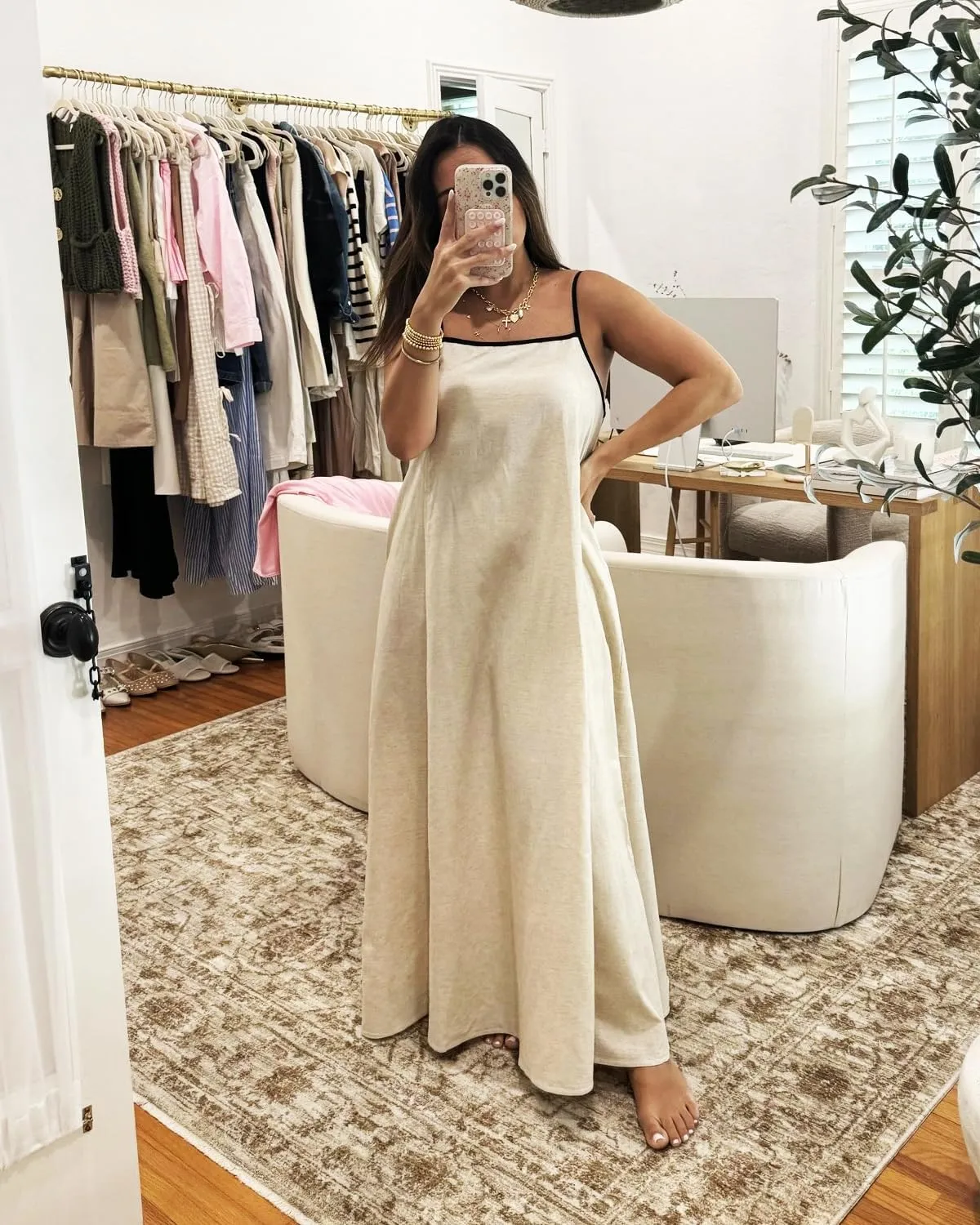 Shy Velvet Women's 2025 Summer Linen Maxi Dress Contrast Spaghetti Strap Dress Backless Sleeveless Casual Party Beach Dresses