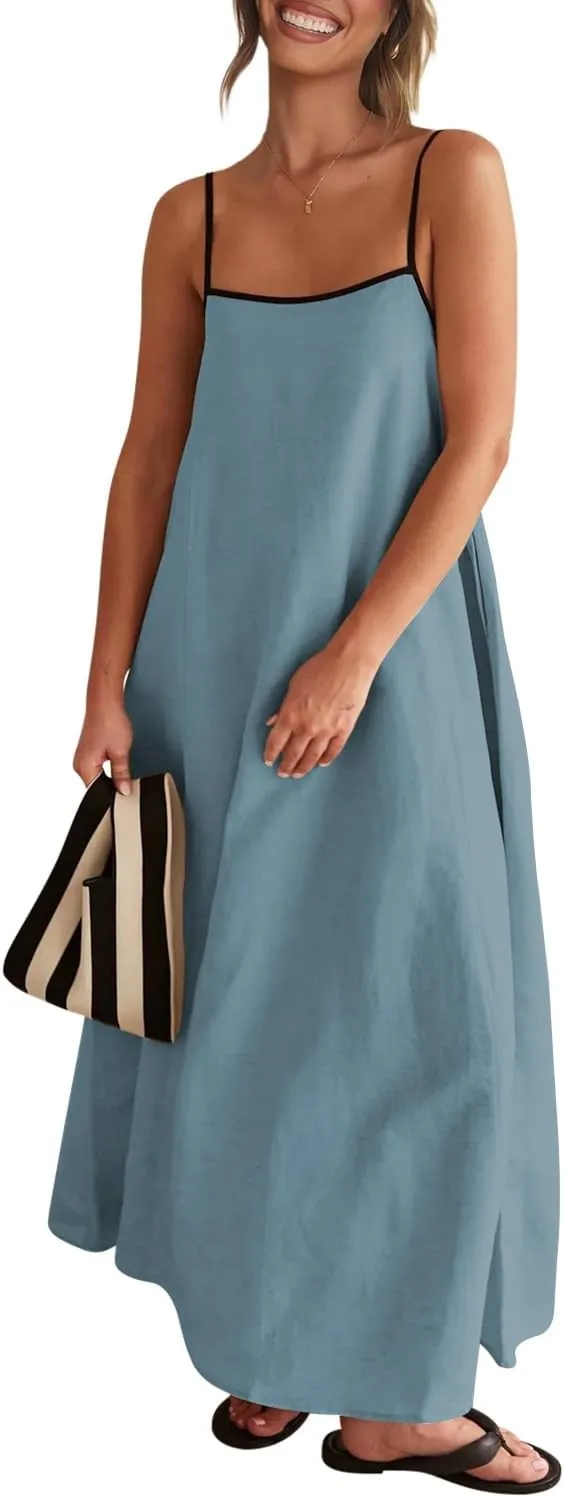 Shy Velvet Women's 2025 Summer Linen Maxi Dress Contrast Spaghetti Strap Dress Backless Sleeveless Casual Party Beach Dresses