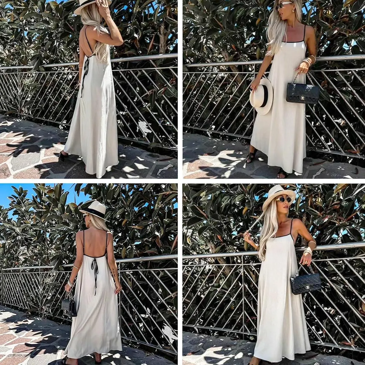Shy Velvet Women's 2025 Summer Linen Maxi Dress Contrast Spaghetti Strap Dress Backless Sleeveless Casual Party Beach Dresses
