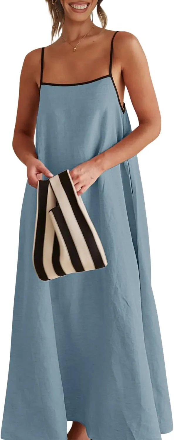 Shy Velvet Women's 2025 Summer Linen Maxi Dress Contrast Spaghetti Strap Dress Backless Sleeveless Casual Party Beach Dresses