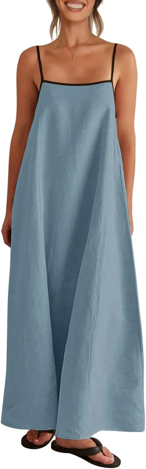 Shy Velvet Women's 2025 Summer Linen Maxi Dress Contrast Spaghetti Strap Dress Backless Sleeveless Casual Party Beach Dresses