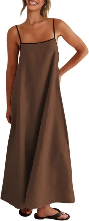 Shy Velvet Women's 2025 Summer Linen Maxi Dress Contrast Spaghetti Strap Dress Backless Sleeveless Casual Party Beach Dresses
