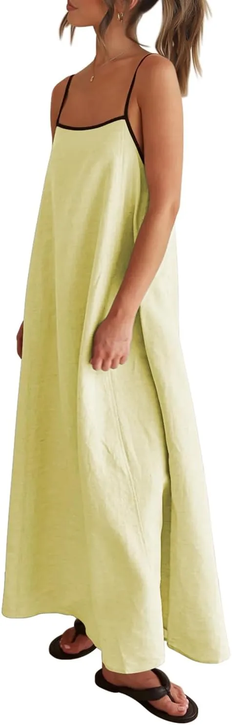 Shy Velvet Women's 2025 Summer Linen Maxi Dress Contrast Spaghetti Strap Dress Backless Sleeveless Casual Party Beach Dresses