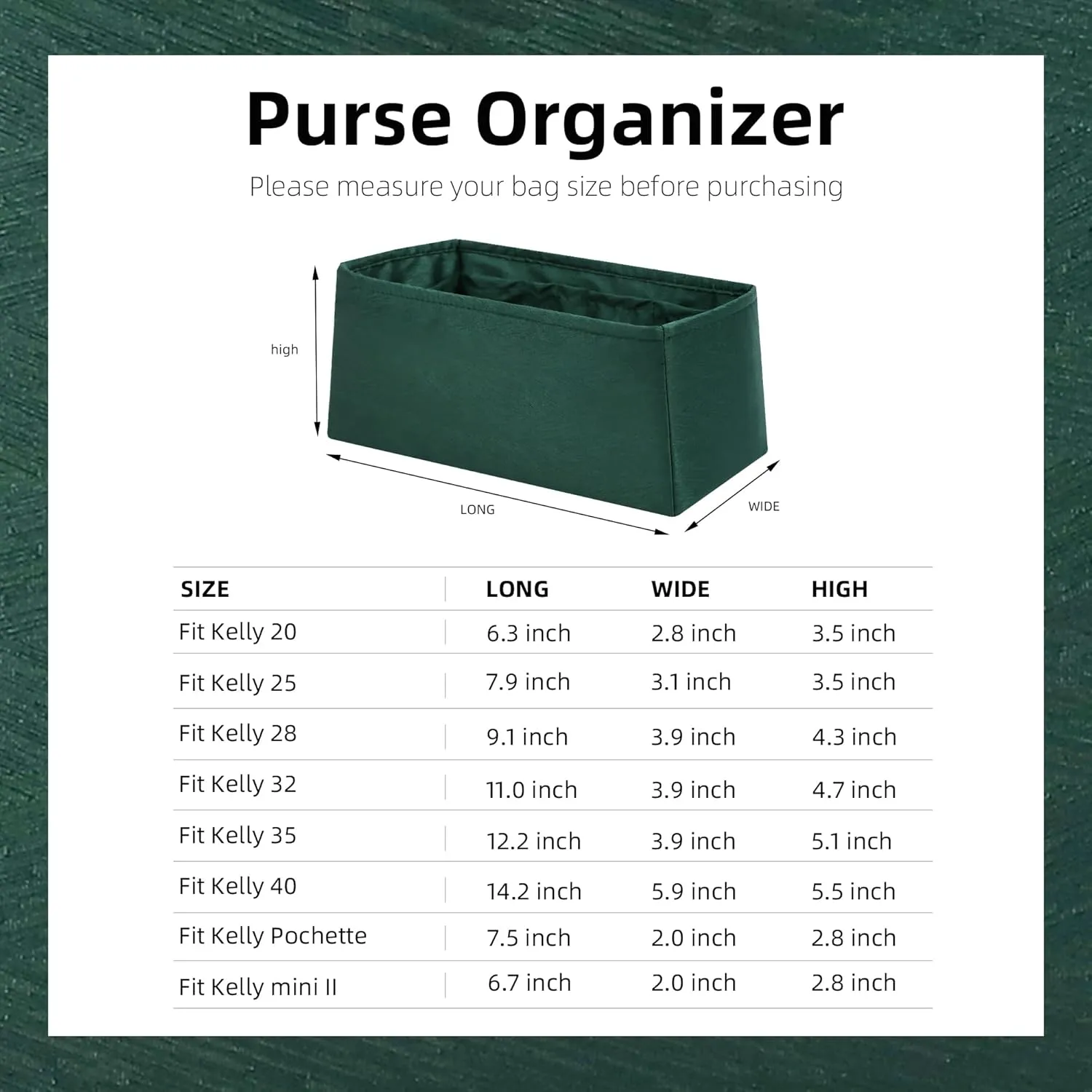 Silk Purse Organizer Insert for Kelly Bags, Lightweight Kelly Pochette Bag Insert Liner, Luxury Handbag Tote Shaper, Large Capacity Inner Bag (Kelly Pochette,Dark Green)