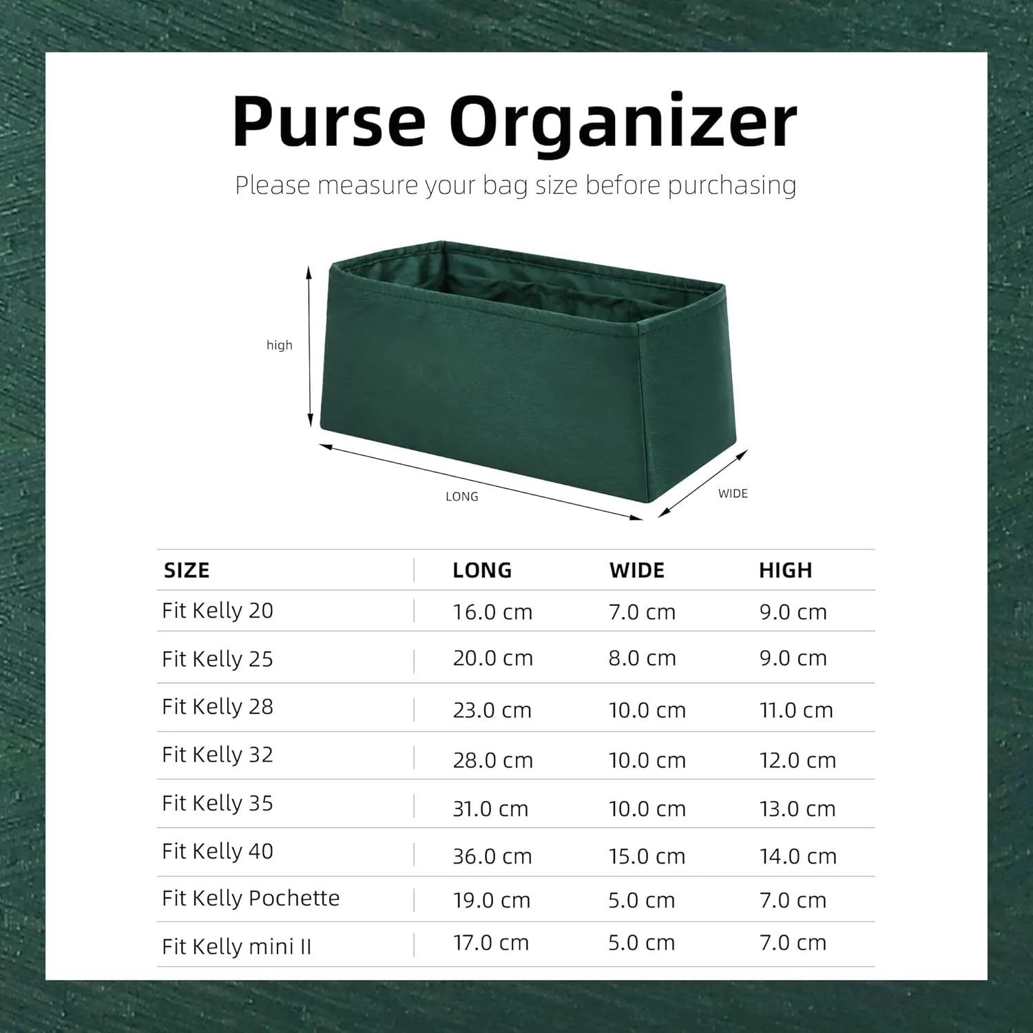 Silk Purse Organizer Insert for Kelly Bags, Lightweight Kelly Pochette Bag Insert Liner, Luxury Handbag Tote Shaper, Large Capacity Inner Bag (Kelly Pochette,Dark Green)