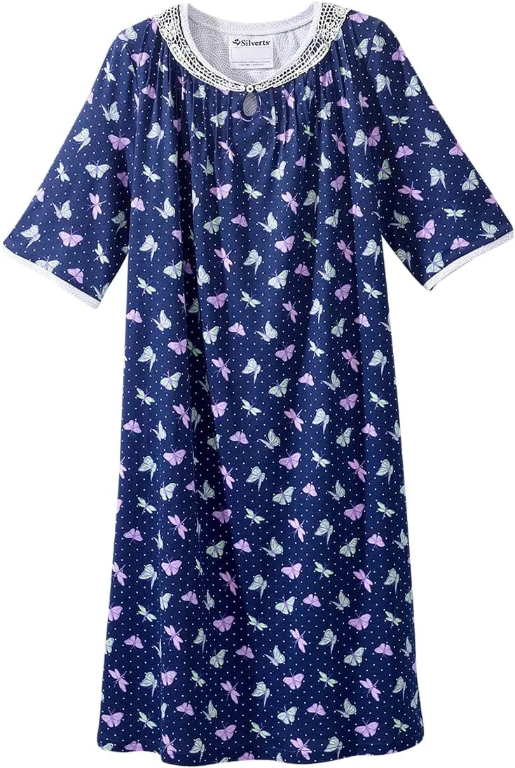 Silverts Open-Back Hospital Gowns for Women – Comfortable, Easy Dressing for Seniors & Patients - Lace Trim 2/3 Sleeve