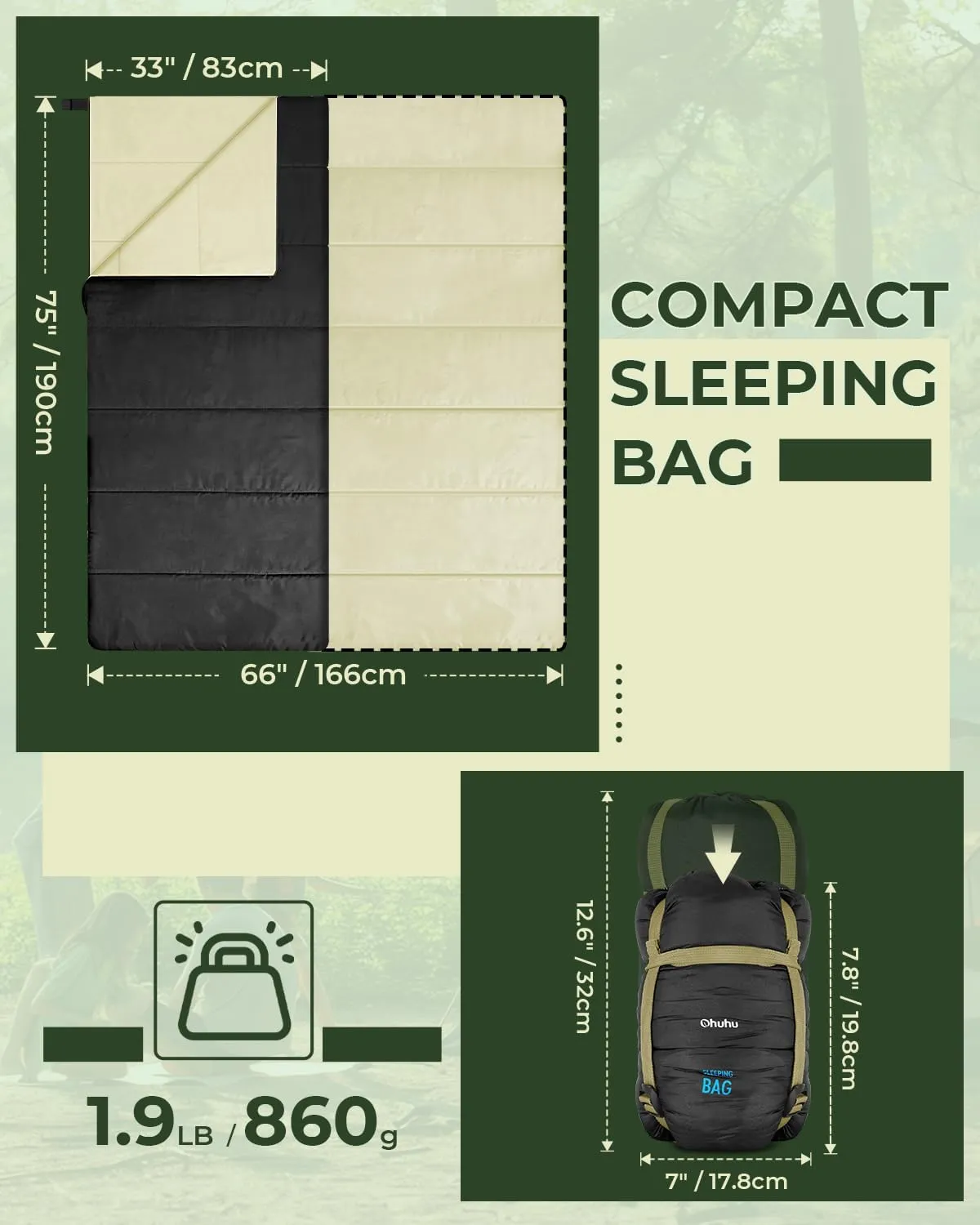 Sleeping Bag, Ohuhu Lightweight Sleeping Bag 3 Season Warm Weather Portable Compact Sleeping Bags for Adult Kids with Carry Bag for Camping Hiking Backpacking and Outdoors 59℉-77℉