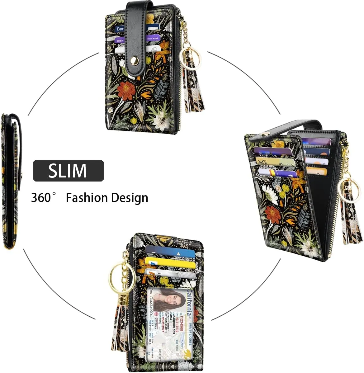 Slim Card Holder Wallet for Women RFID Blocking Leather Multi Card Bifold Wallet with Tassel Zipper Coin Pocket,Dried Flowers