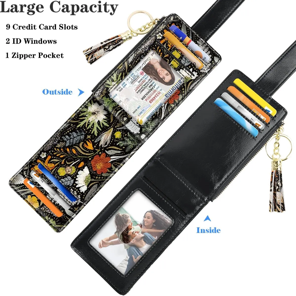 Slim Card Holder Wallet for Women RFID Blocking Leather Multi Card Bifold Wallet with Tassel Zipper Coin Pocket,Dried Flowers