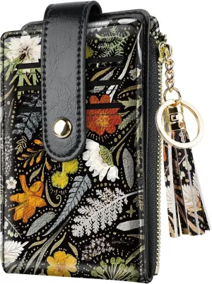 Slim Card Holder Wallet for Women RFID Blocking Leather Multi Card Bifold Wallet with Tassel Zipper Coin Pocket,Dried Flowers