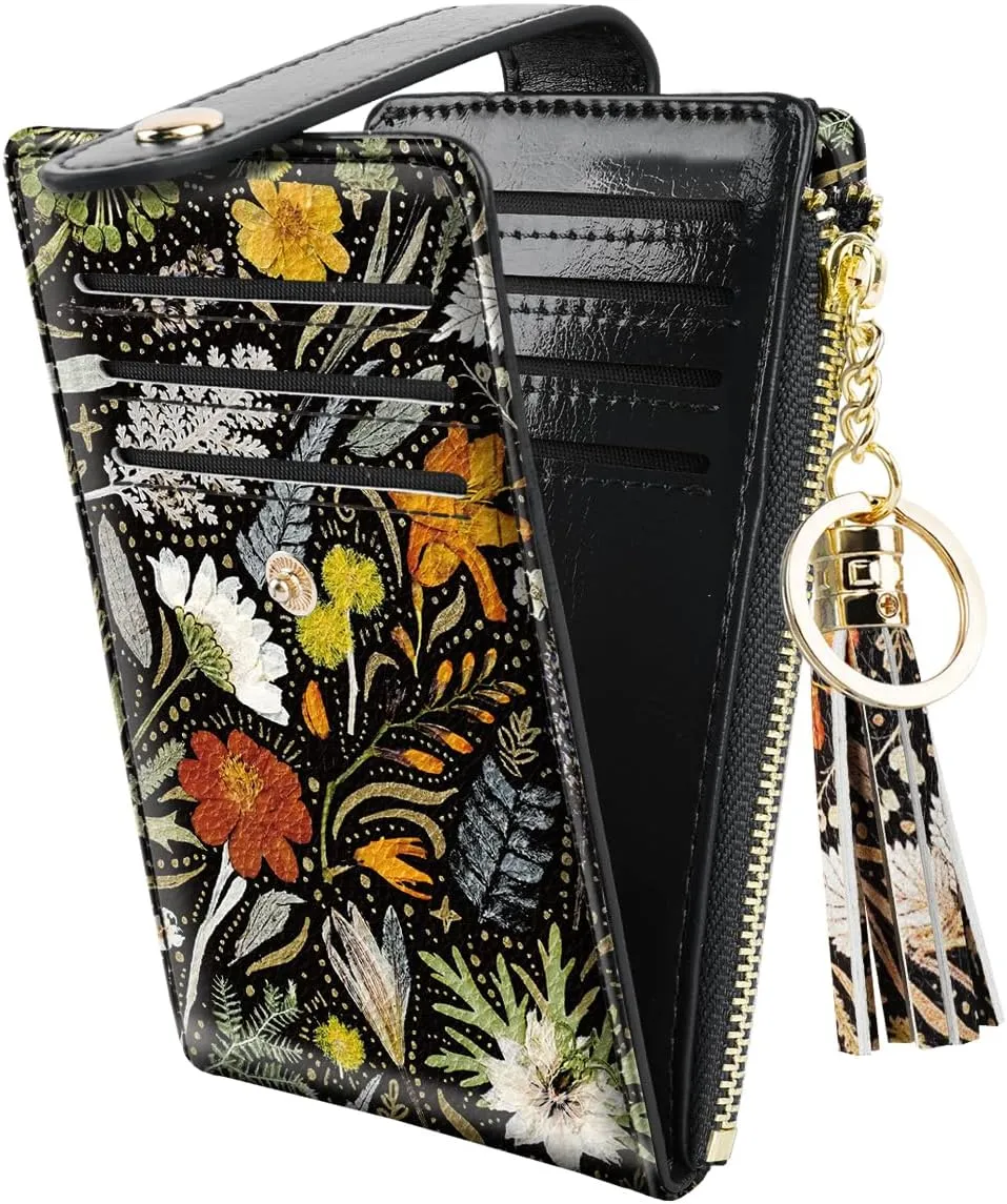Slim Card Holder Wallet for Women RFID Blocking Leather Multi Card Bifold Wallet with Tassel Zipper Coin Pocket,Dried Flowers