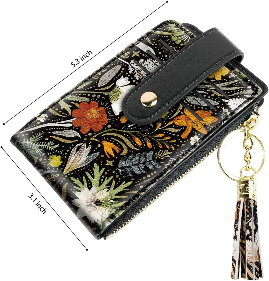 Slim Card Holder Wallet for Women RFID Blocking Leather Multi Card Bifold Wallet with Tassel Zipper Coin Pocket,Dried Flowers