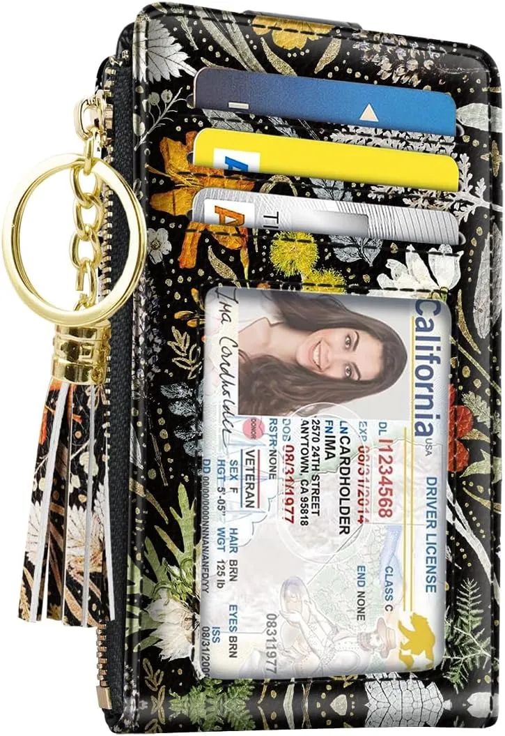 Slim Card Holder Wallet for Women RFID Blocking Leather Multi Card Bifold Wallet with Tassel Zipper Coin Pocket,Dried Flowers