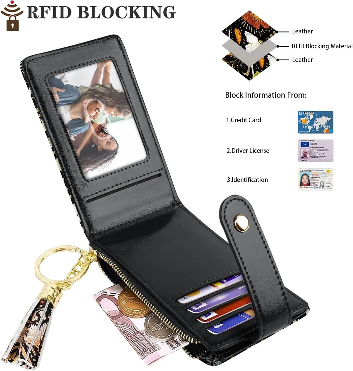 Slim Card Holder Wallet for Women RFID Blocking Leather Multi Card Bifold Wallet with Tassel Zipper Coin Pocket,Dried Flowers
