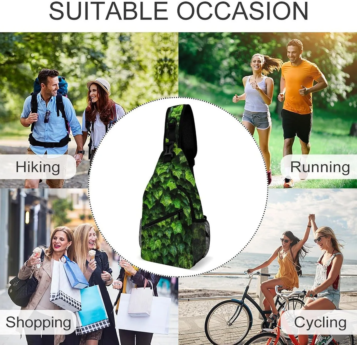 Sling Bag Crossbody Backpack for Men Women Green Leaves Chest Bag Crossbody Bag for Travel Sport Running
