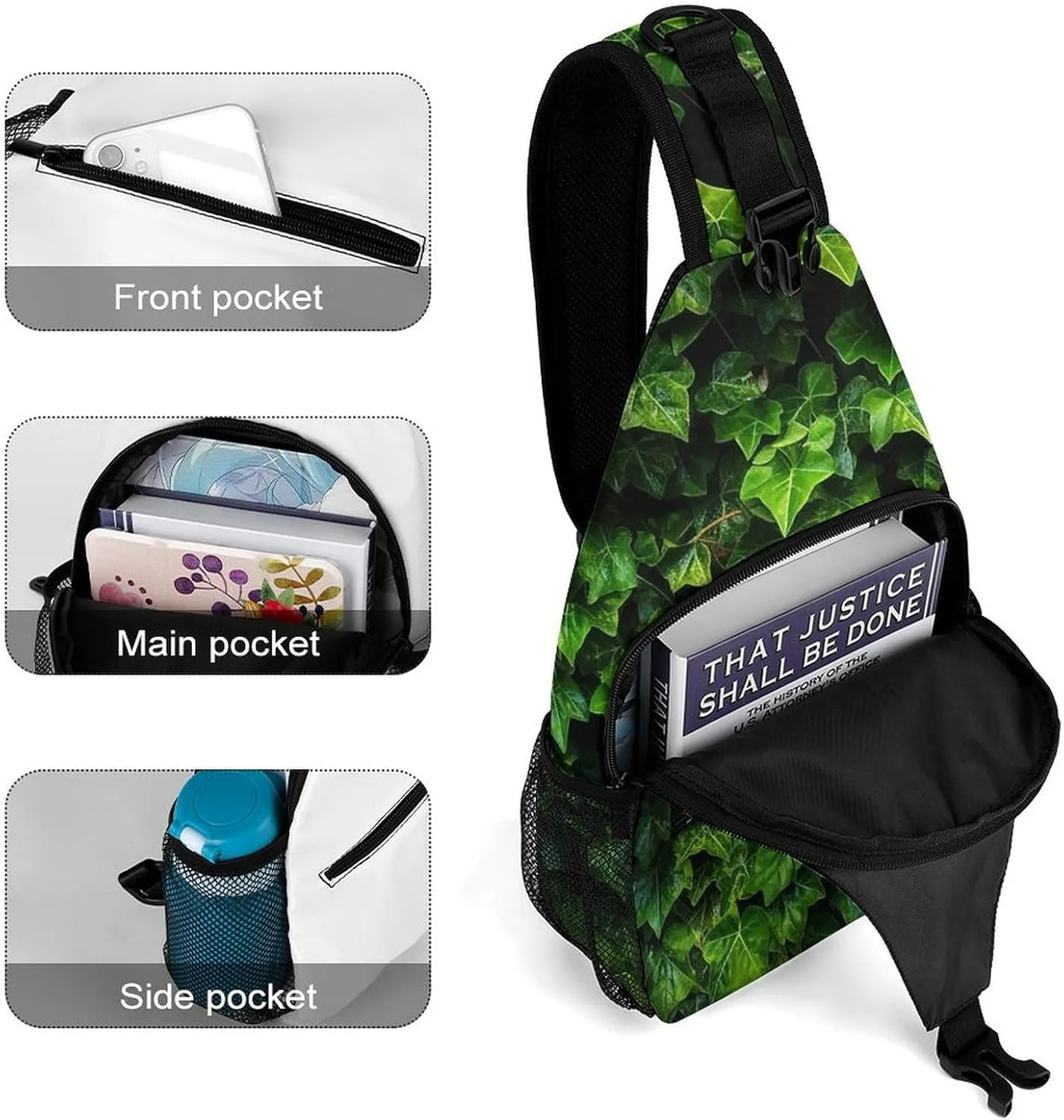 Sling Bag Crossbody Backpack for Men Women Green Leaves Chest Bag Crossbody Bag for Travel Sport Running