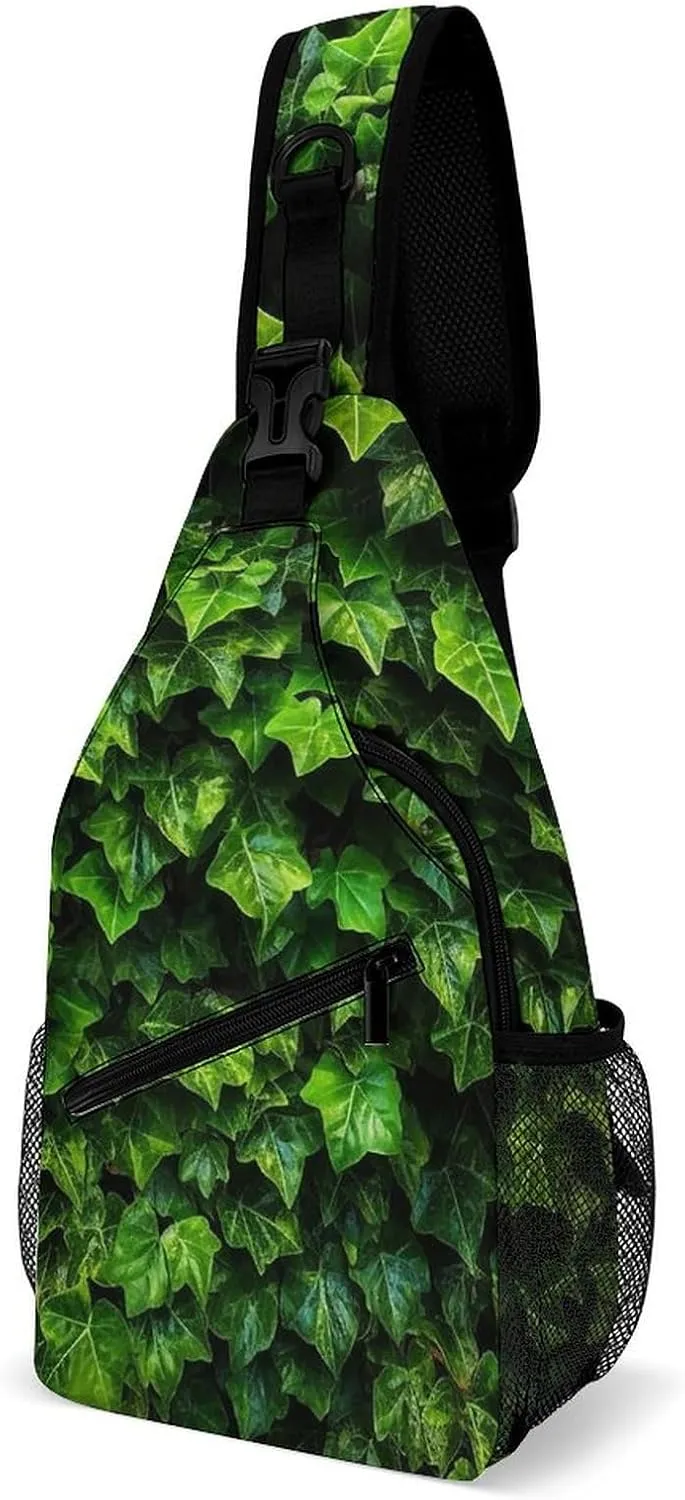 Sling Bag Crossbody Backpack for Men Women Green Leaves Chest Bag Crossbody Bag for Travel Sport Running