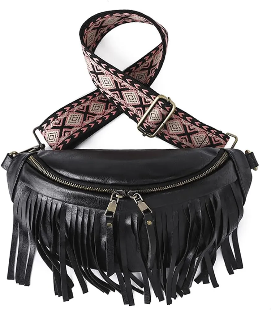 Sling Bag for Women Vintage Tassel Pleated Shell Shape Fanny Pack Crossbody Bags Multi-Way Shoulder Bag for Ladies (Black)