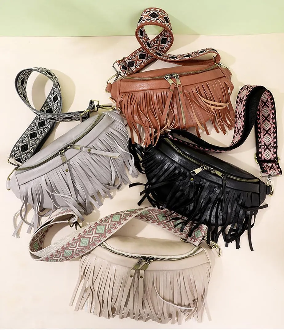 Sling Bag for Women Vintage Tassel Pleated Shell Shape Fanny Pack Crossbody Bags Multi-Way Shoulder Bag for Ladies (Black)