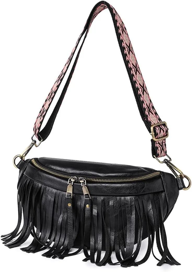 Sling Bag for Women Vintage Tassel Pleated Shell Shape Fanny Pack Crossbody Bags Multi-Way Shoulder Bag for Ladies (Black)