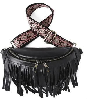 Sling Bag for Women Vintage Tassel Pleated Shell Shape Fanny Pack Crossbody Bags Multi-Way Shoulder Bag for Ladies (Black)