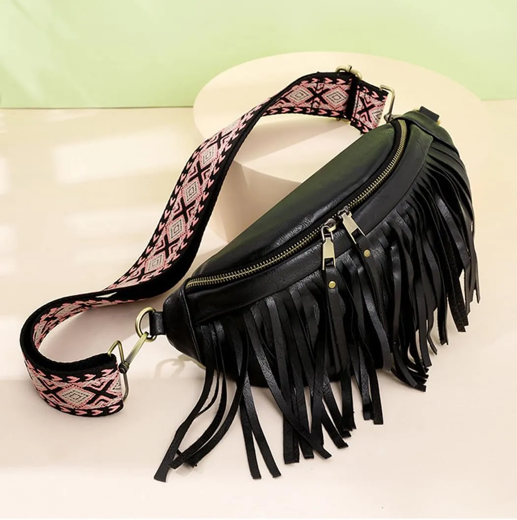 Sling Bag for Women Vintage Tassel Pleated Shell Shape Fanny Pack Crossbody Bags Multi-Way Shoulder Bag for Ladies (Black)