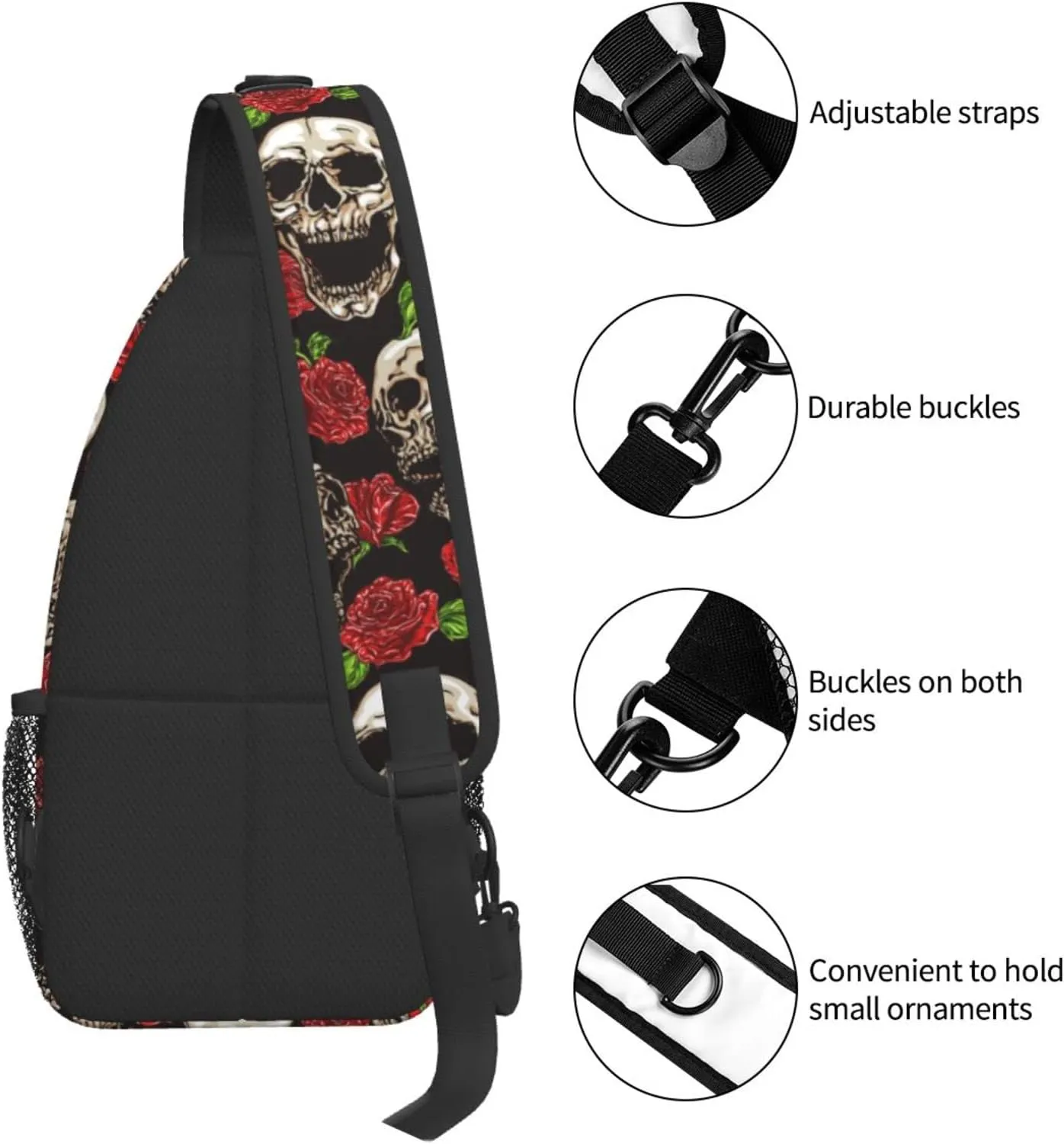 Sling Bag Skulls And Rose Crossbody Backpack for Women Men Hiking Travel Over the Shoulder Bag Pouch Small Daypack Casual One Strap Pack Lightweight Cross Chest Bag Purse Outdoor Cycling