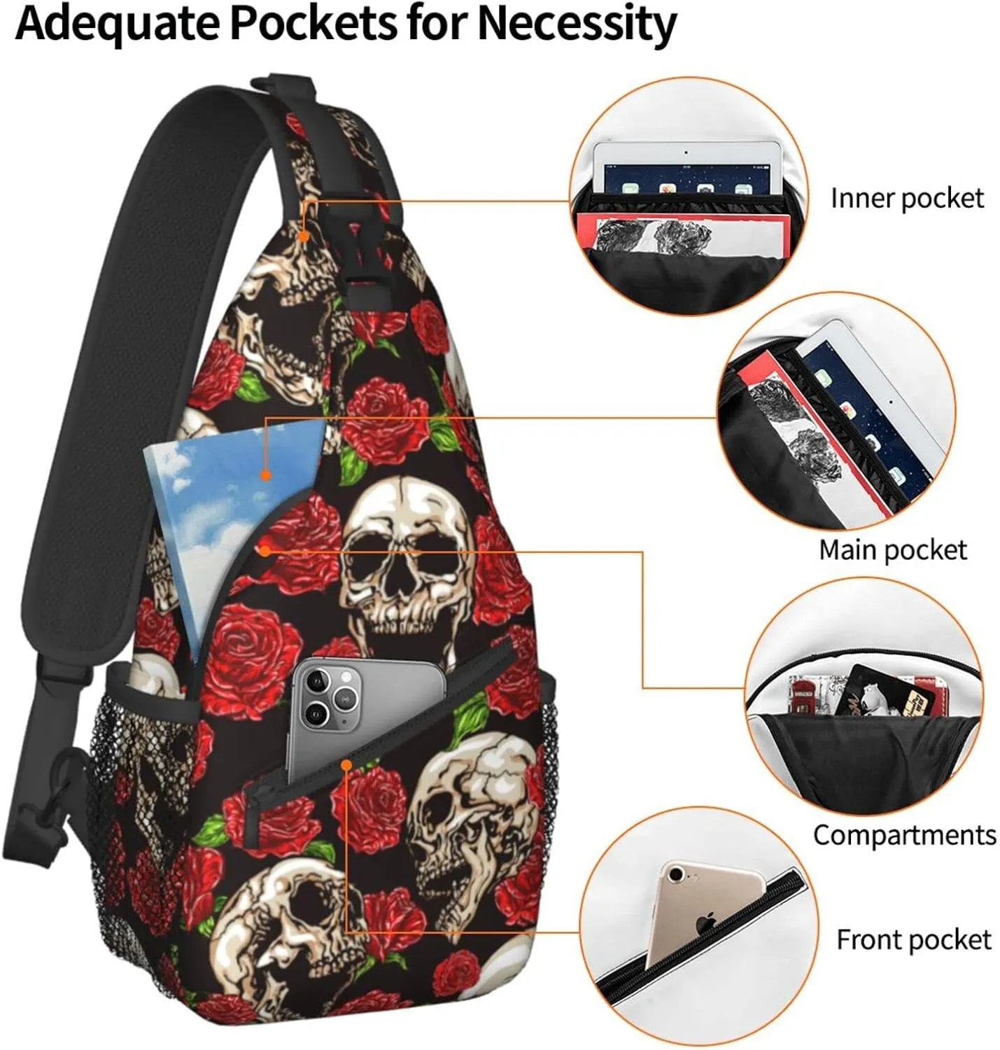 Sling Bag Skulls And Rose Crossbody Backpack for Women Men Hiking Travel Over the Shoulder Bag Pouch Small Daypack Casual One Strap Pack Lightweight Cross Chest Bag Purse Outdoor Cycling