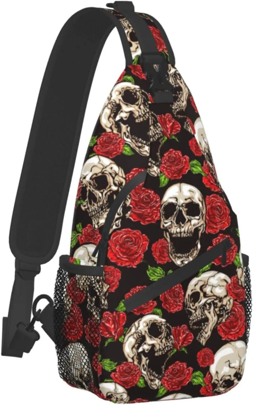 Sling Bag Skulls And Rose Crossbody Backpack for Women Men Hiking Travel Over the Shoulder Bag Pouch Small Daypack Casual One Strap Pack Lightweight Cross Chest Bag Purse Outdoor Cycling