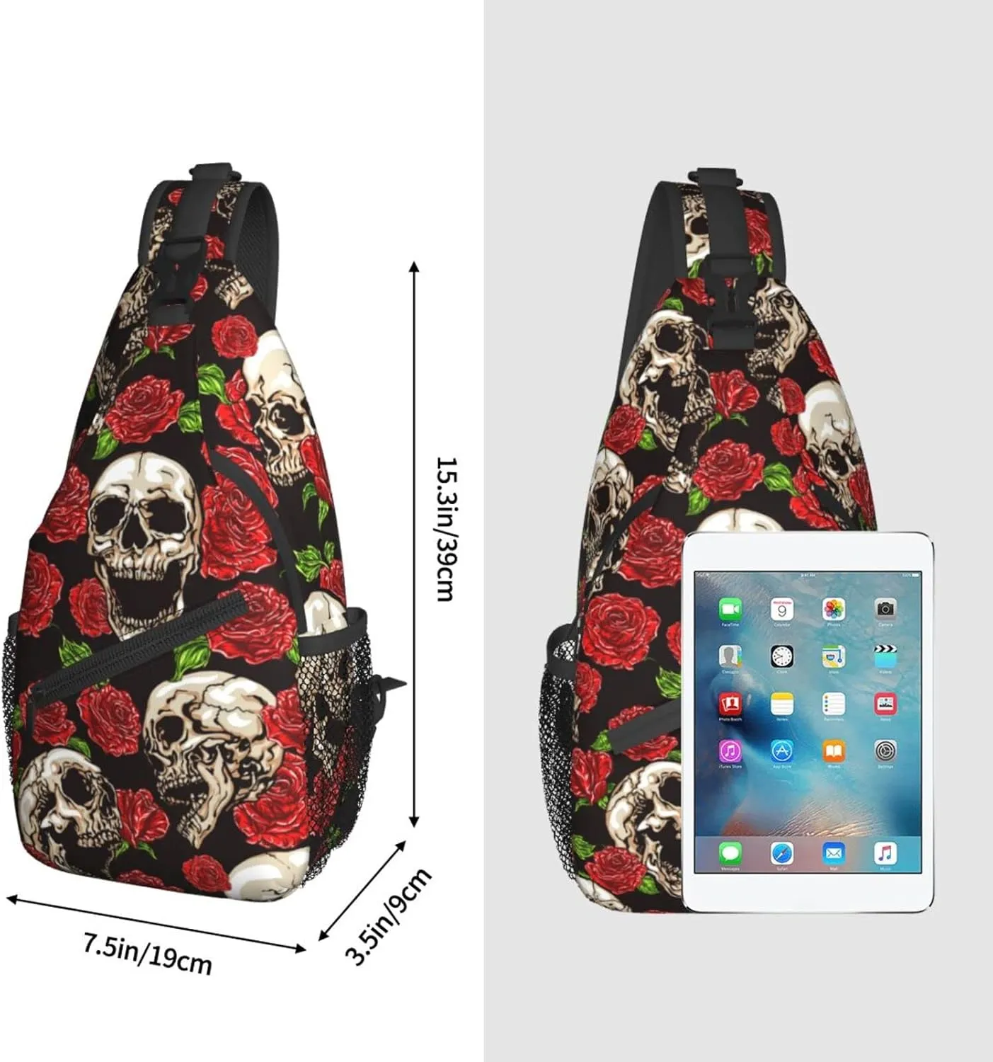 Sling Bag Skulls And Rose Crossbody Backpack for Women Men Hiking Travel Over the Shoulder Bag Pouch Small Daypack Casual One Strap Pack Lightweight Cross Chest Bag Purse Outdoor Cycling