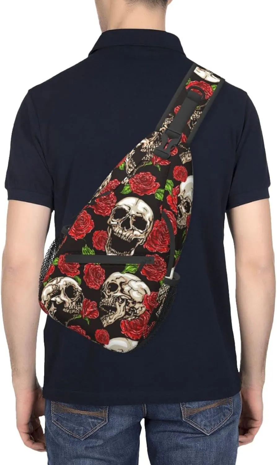 Sling Bag Skulls And Rose Crossbody Backpack for Women Men Hiking Travel Over the Shoulder Bag Pouch Small Daypack Casual One Strap Pack Lightweight Cross Chest Bag Purse Outdoor Cycling