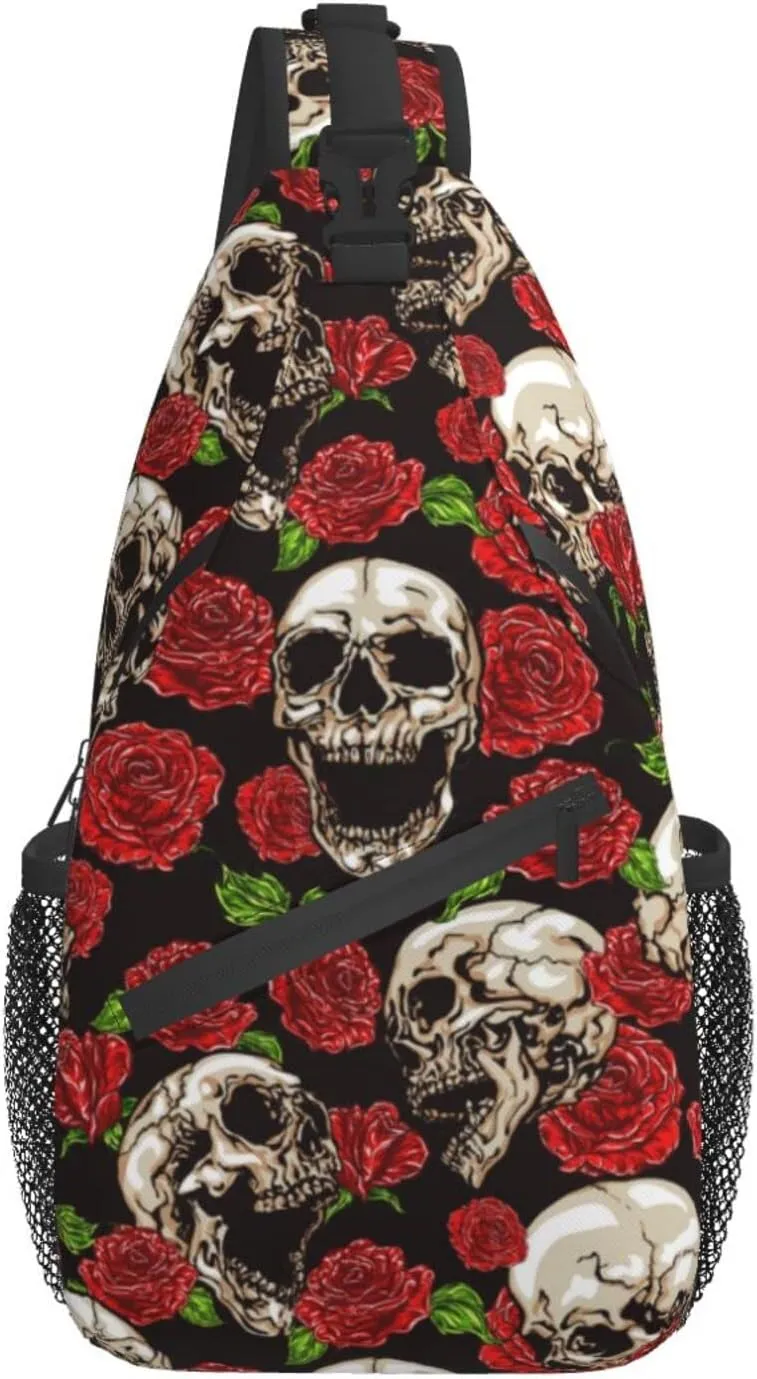 Sling Bag Skulls And Rose Crossbody Backpack for Women Men Hiking Travel Over the Shoulder Bag Pouch Small Daypack Casual One Strap Pack Lightweight Cross Chest Bag Purse Outdoor Cycling