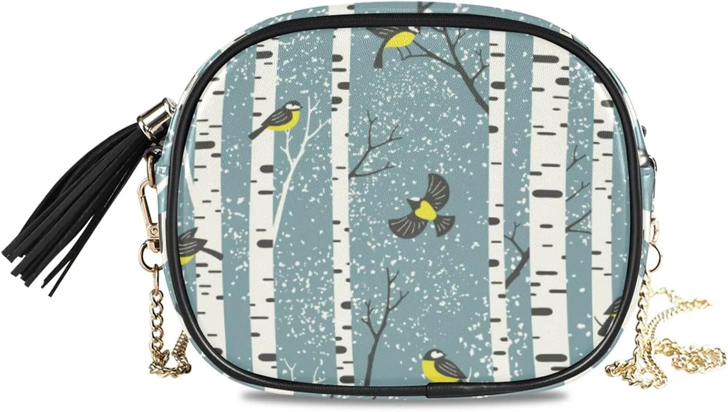 Small Crossbody Bag Winter Snowy Birch Trees Womens Shoulder Chain Bag PU Leather Small Purse With Tassel
