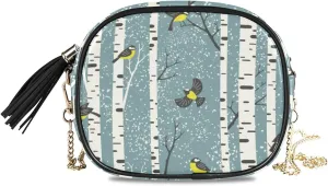 Small Crossbody Bag Winter Snowy Birch Trees Womens Shoulder Chain Bag PU Leather Small Purse With Tassel