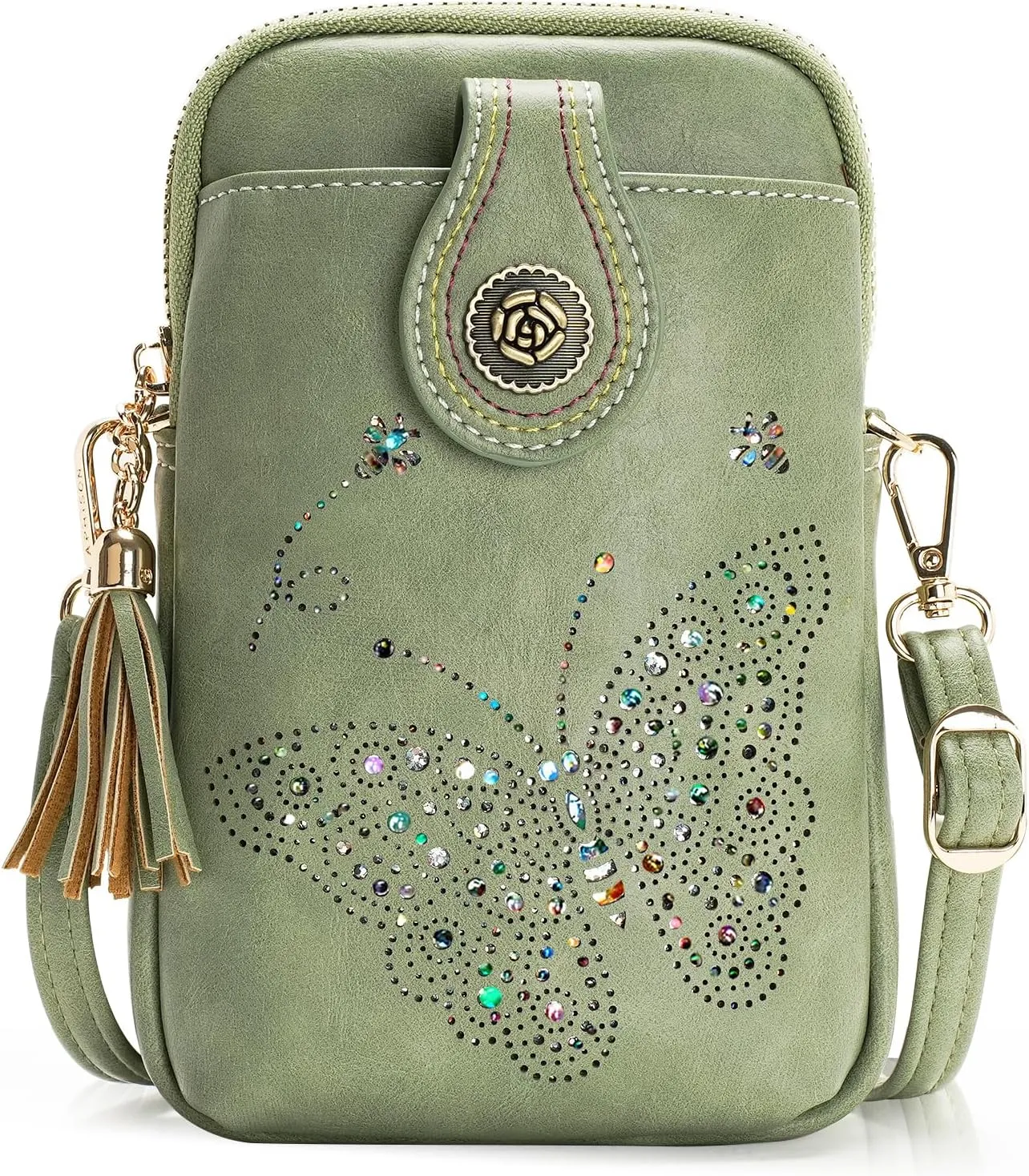 Small Crossbody Bags for Women, Lightweight Mini Cute Cell Phone Purse for Women with Tassel Shining Butterfly