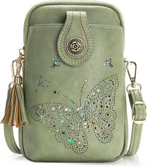 Small Crossbody Bags for Women, Lightweight Mini Cute Cell Phone Purse for Women with Tassel Shining Butterfly