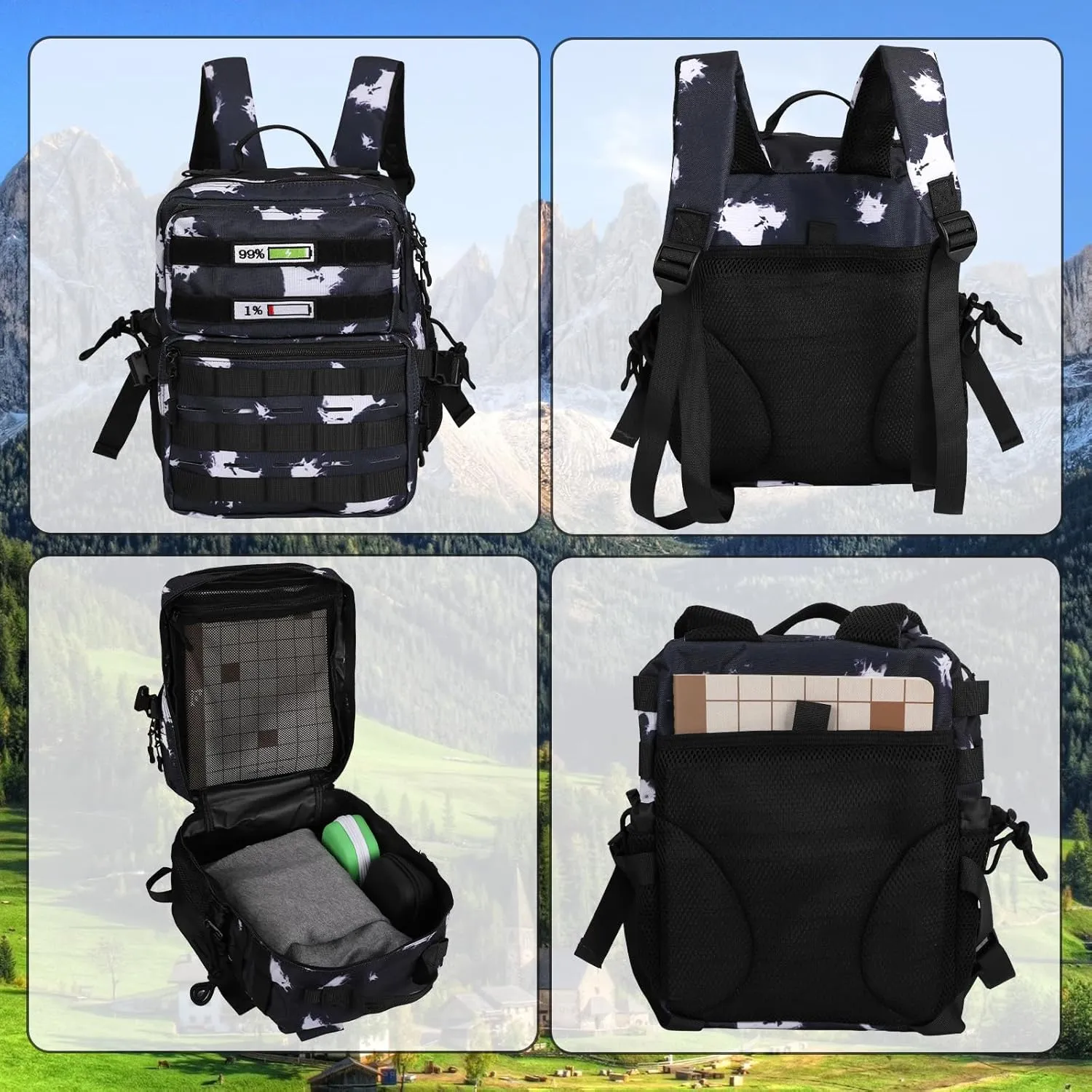 Small Tactical Backpack for Men Women Gym Hiking Camping Travel Sport 15L Mini MOLLE Tactical Daypack Rucksack with Patches (Black Lighting)