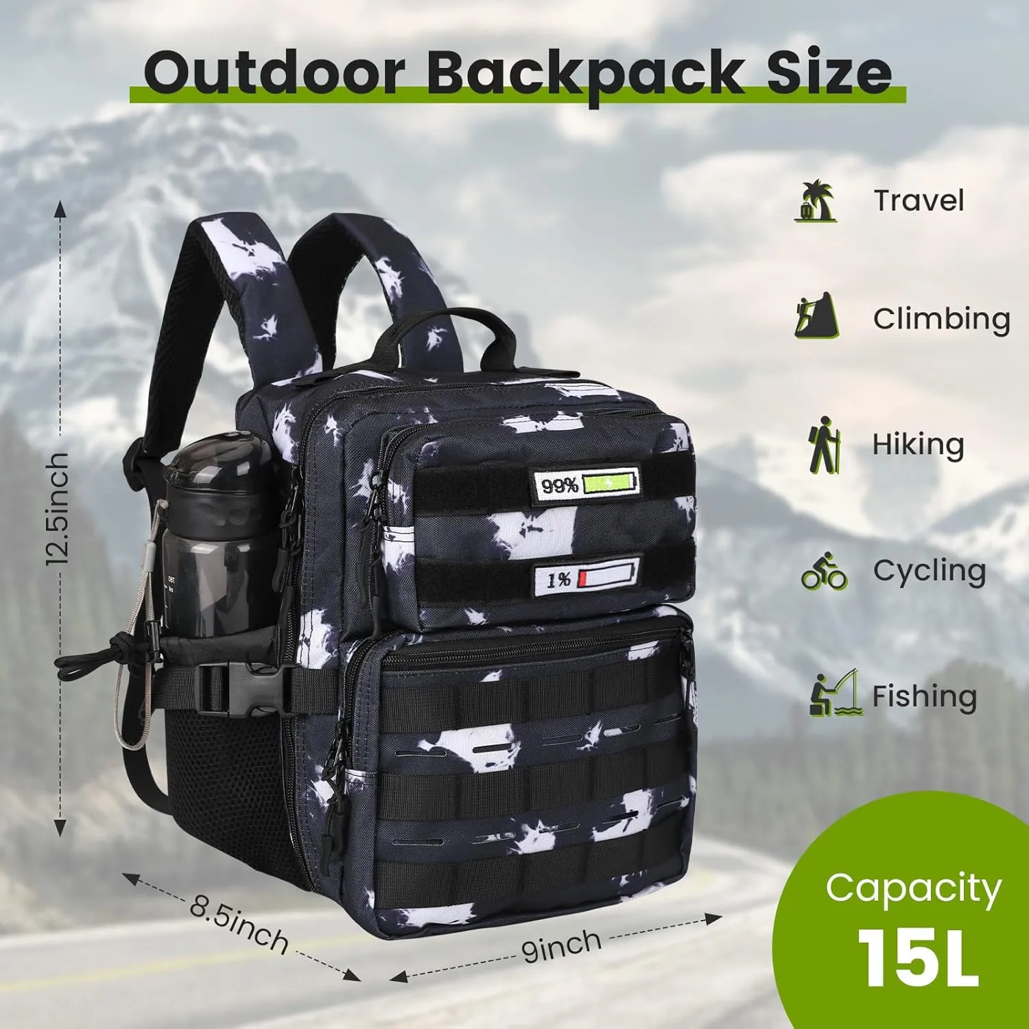 Small Tactical Backpack for Men Women Gym Hiking Camping Travel Sport 15L Mini MOLLE Tactical Daypack Rucksack with Patches (Black Lighting)