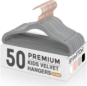 Smartor Kids Velvet Hangers 50 Pack, 14'' Inch Premium Non Slip Kids Felt Hangers for Closet, Space Saving Toddler Clothes Hanger for Youth's Childrens' Clothes (Rose Gold Hook)- Grey