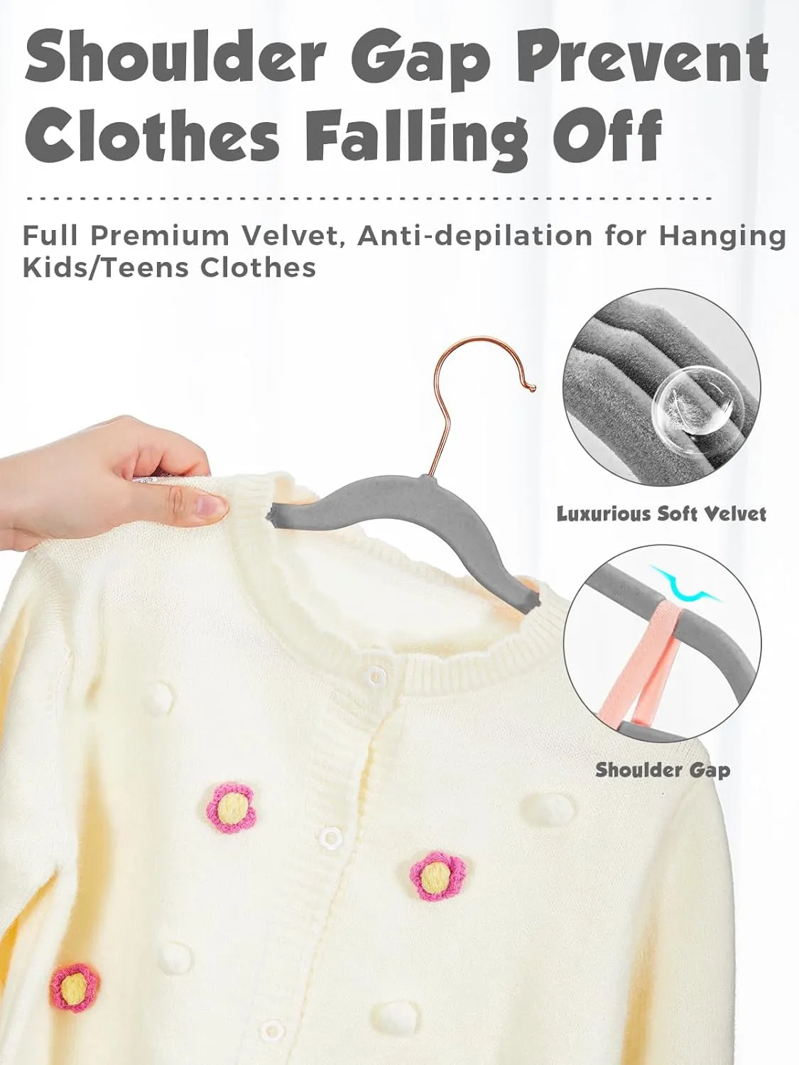 Smartor Kids Velvet Hangers 50 Pack, 14'' Inch Premium Non Slip Kids Felt Hangers for Closet, Space Saving Toddler Clothes Hanger for Youth's Childrens' Clothes (Rose Gold Hook)- Grey