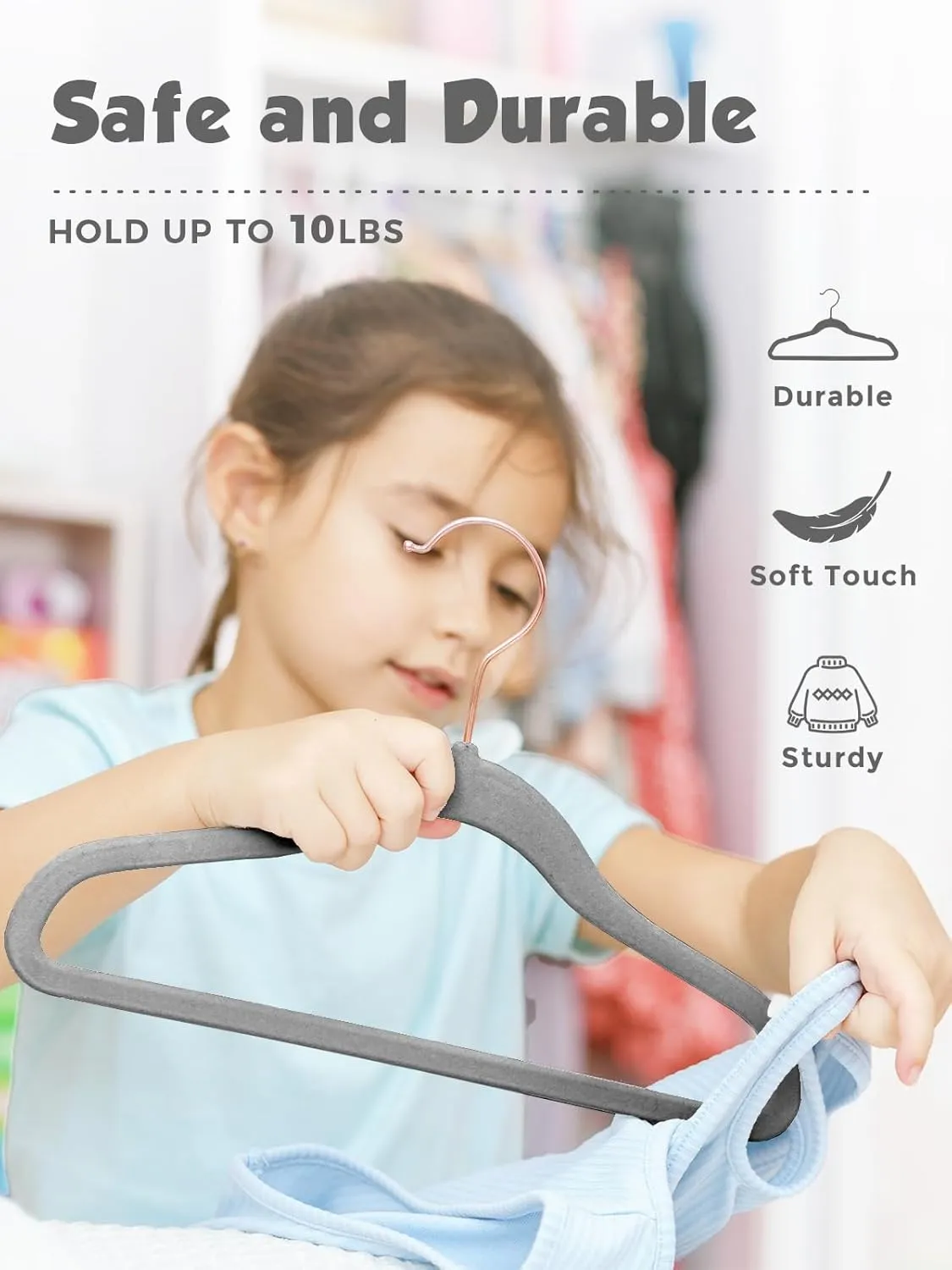 Smartor Kids Velvet Hangers 50 Pack, 14'' Inch Premium Non Slip Kids Felt Hangers for Closet, Space Saving Toddler Clothes Hanger for Youth's Childrens' Clothes (Rose Gold Hook)- Grey